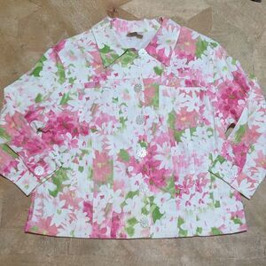 Vintage Company Collection Floral Pink & Green Linen Jacket Pearlescent EUC